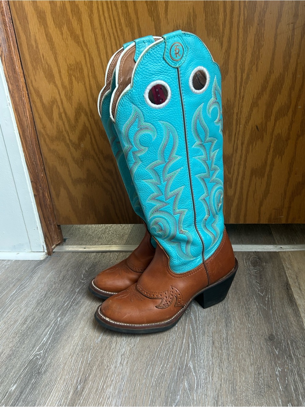 Tony Lama 2002L Embroidered Western Boots Brown & Blue US 6.